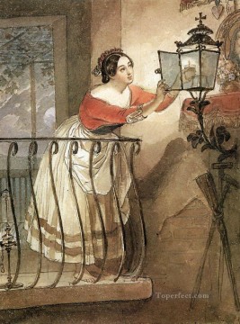 ロシア Painting - マドンナ・カール・ブリュロフの像の前でランプに火をつけるイタリア人女性